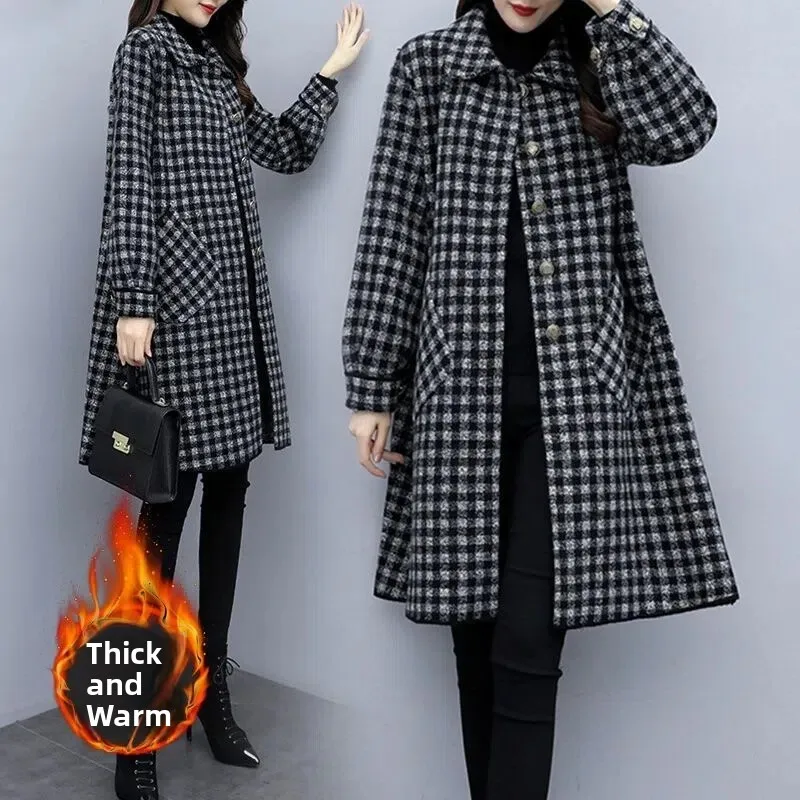 plus Size Women's Autumn Winter Plaid Coat Medium Length Fashionable Slimming Outerwear Small Fragrance Style Cotton Blend