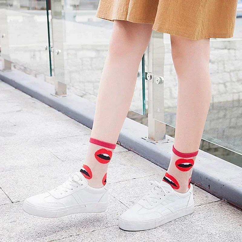 5 Pairs Women's Summer Lace Crystal Glass Silk Flower Socks Ultra Thin Transparent Roses Jacquard Elastic Short Socks