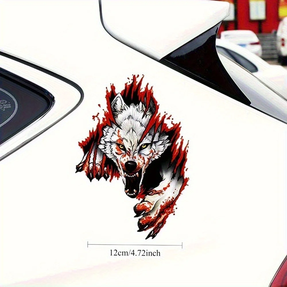 2pcs 3D Wolf Head Car Sticker Self-Adhesive Waterproof Horror Bloody Wolf Realistic Animal Decal 2D Flat Sticker Vinyl Suitable