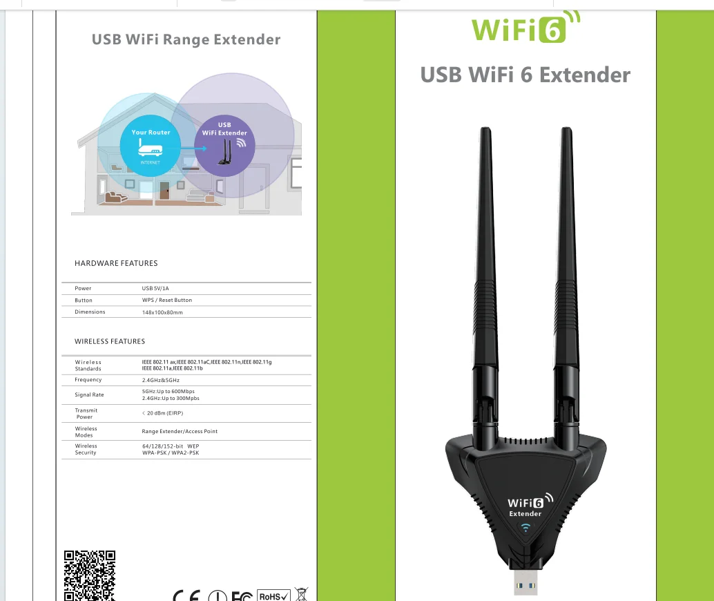 PIX-LINK USB WIFI6 موسع USB WiFi المدى موسع WIFI مكرر UE09AX