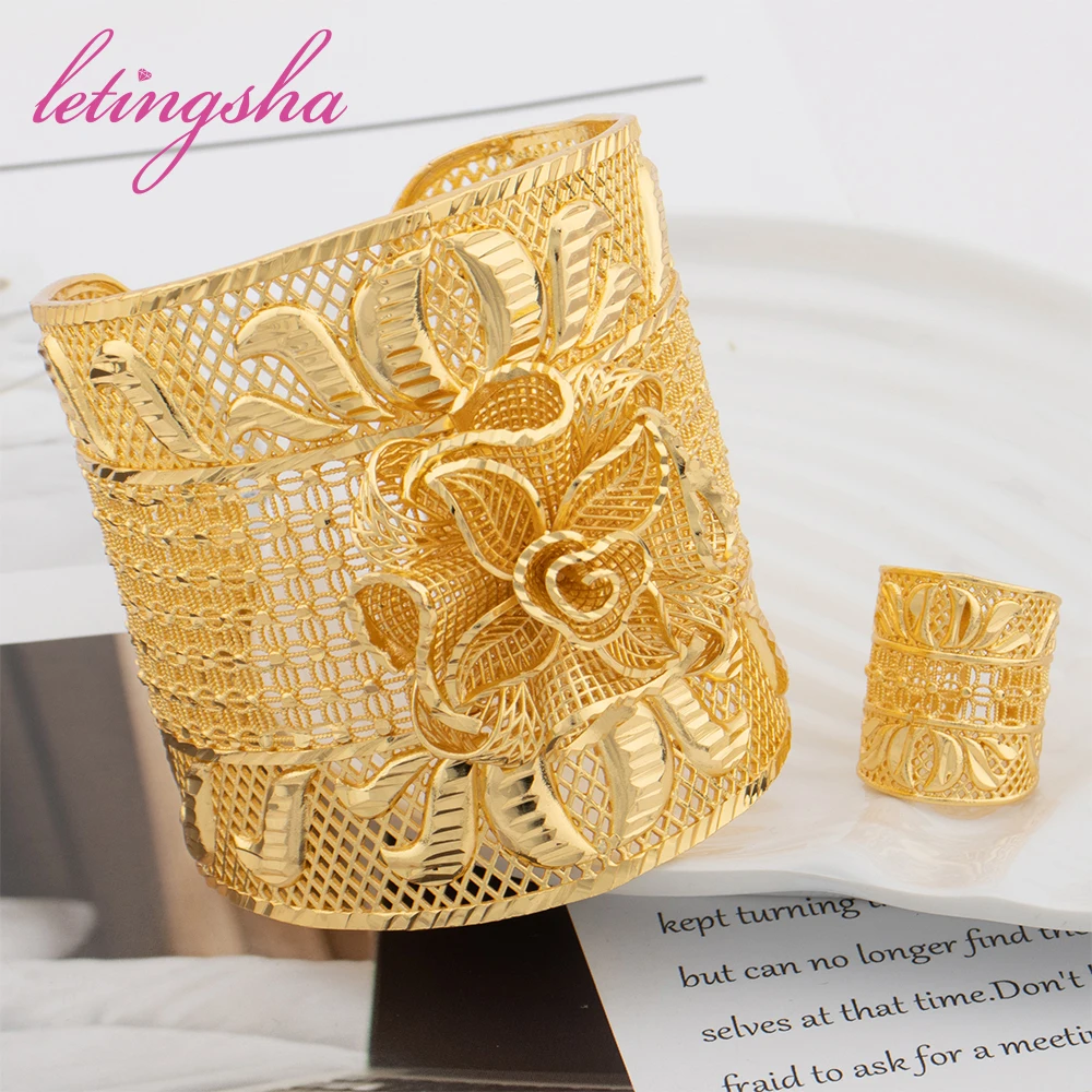 Hohles Modisches Goldfarbenes Manschettenarmband, Ring, Kupferlegierung, Vergoldeter Schmuckset, Armreif für Damen, Täglicher Gebrauch, Party, Hochzeitsgeschenke – Detail 7