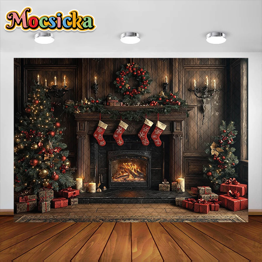 Fond de photographie de chambre de Noël, arbre de Noël, cheminée, décoration de guirxiété, adultes, enfants, portrait de vacances, décors photo, studio