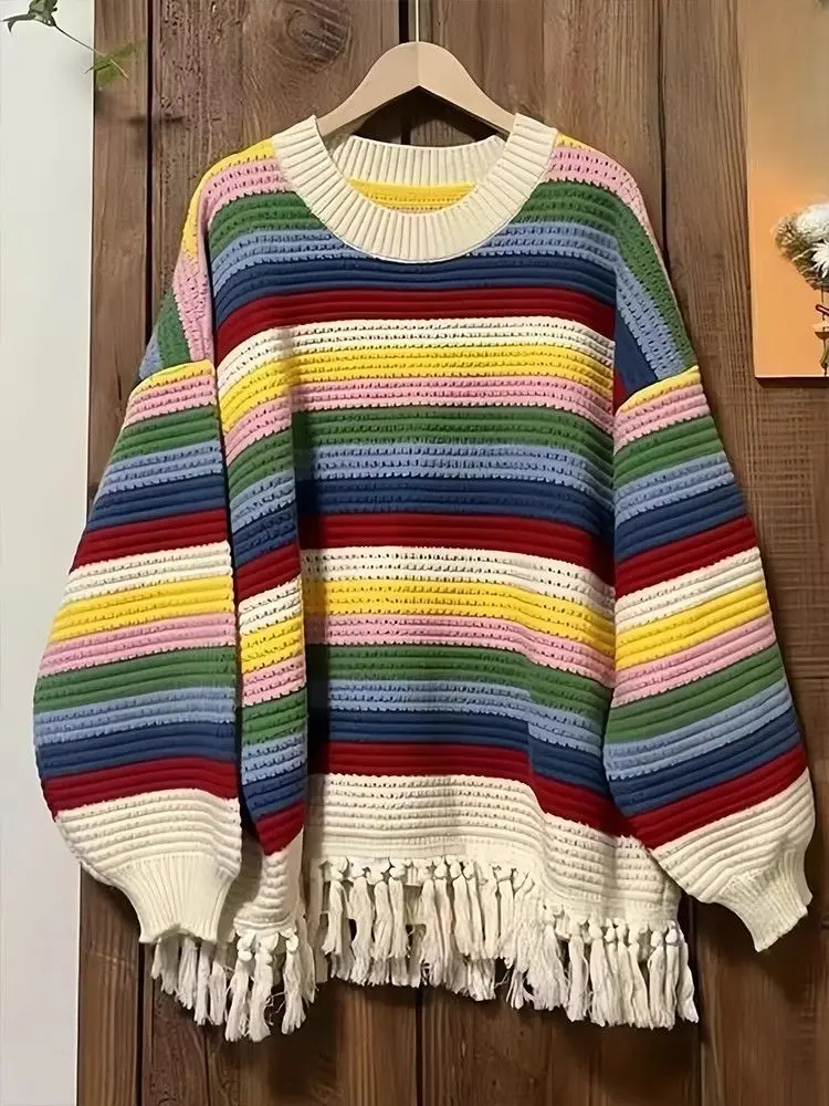 Rainbow striped long sleeved knitted sweater autumn 024 new autumn and winter loose Korean version slimming tassel sweater