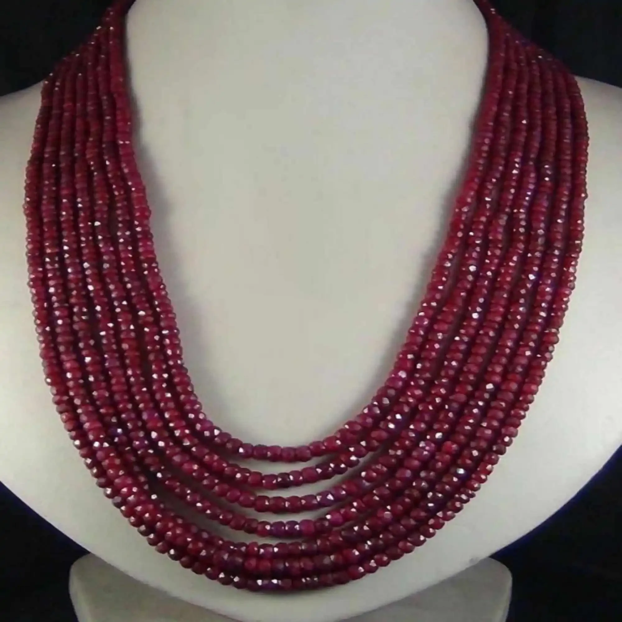 BEAUTIFUL 7 STRAND 2X4MM FACETED RED RUBY GEMSTONE BEADS NECKLACE Lucky Taseel Fancy National Style Calming Mental Inspiration