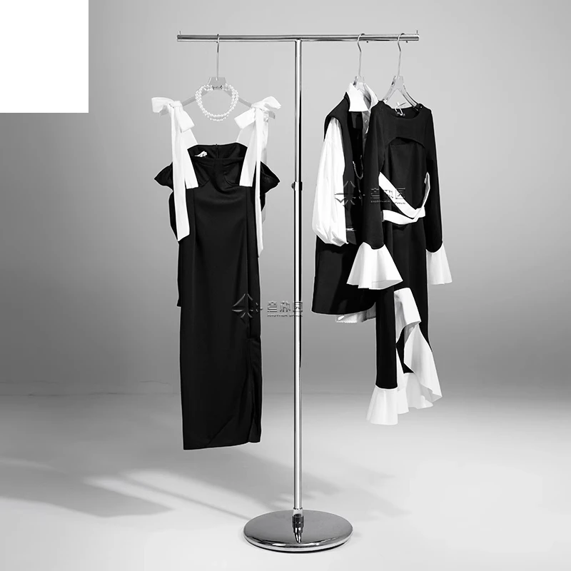 

Clothing store display rack Stainless steel floor-to-ceiling simple Nakajima display props Thickened T-shaped front-hanging coat