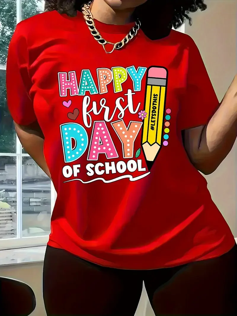 

Women's T-Shirt Round Neck Short Sleeve Y2k Color Pencil School Bus Pattern Back School Tee Season Spring Summer Tops Clothes