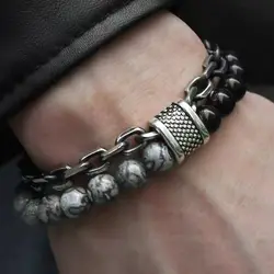 1 Piece Punk Simple Temperament Black Beaded Chain with Natural Stone Beaded Chain Bracelets MEN'S FASHION Items Holiday Travel