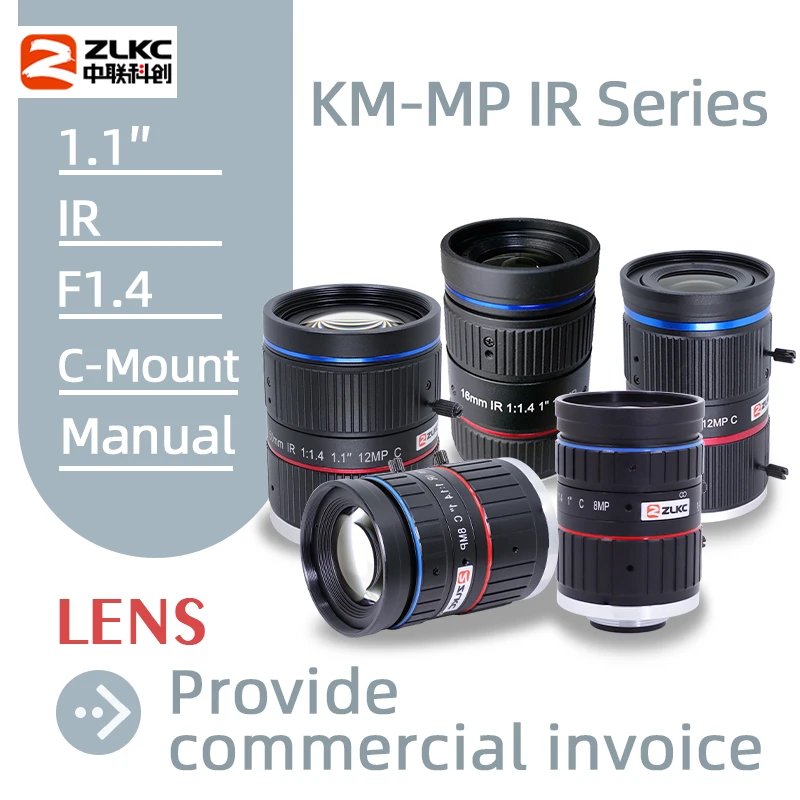 ZLKC IR Lens Big Aperture F1.4 Manual 12MP 8MP ITS Lens 16mm 25mm 35mm 50mm Fixed Focus 1 Inch/1.1 Inch for Surveillance Camera