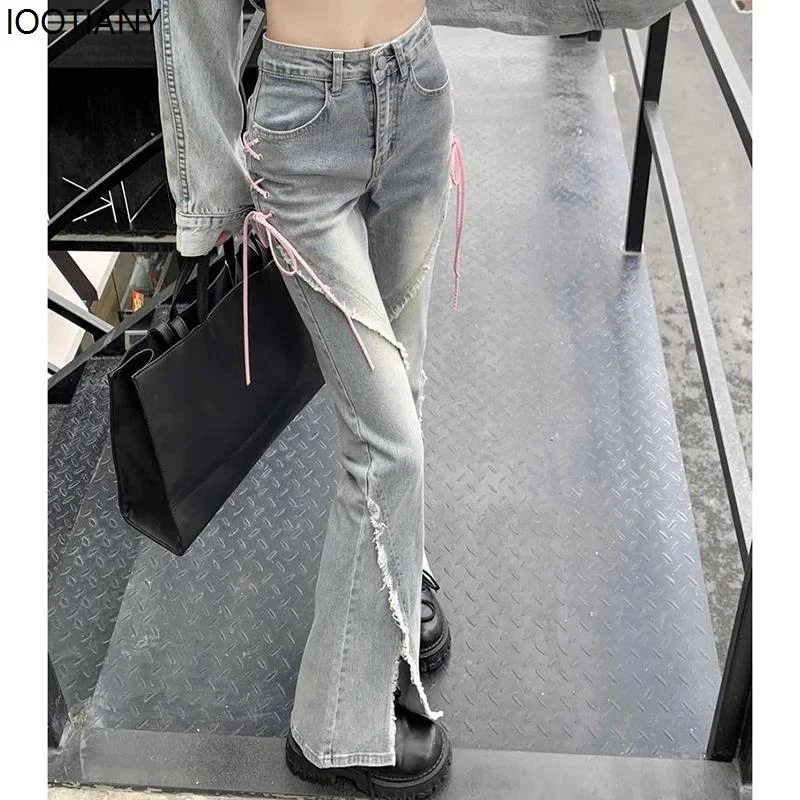 Women's High Waist Y2k Flared Jeans Girls Pink Harajuku High Waist Slit Flared Pants Women's Fashion Stitching Light Blue Jeans