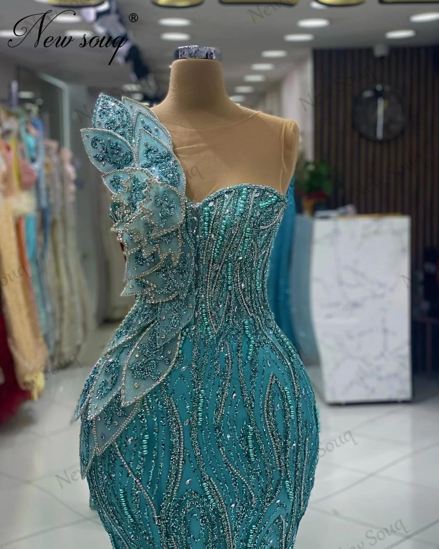 Vestido de noche largo de sirena verde de lujo, traje árabe Aso Ebi con cuentas de cristales, para fiesta, compromiso, graduación, hecho a medida