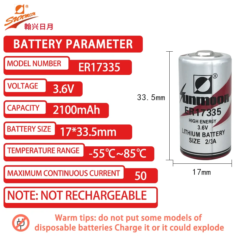 SUNMOON ER17335 Disposable Lithium Batteries for PLC Industrial Control Servo Driver Wireless Temperature And Humidity Detector