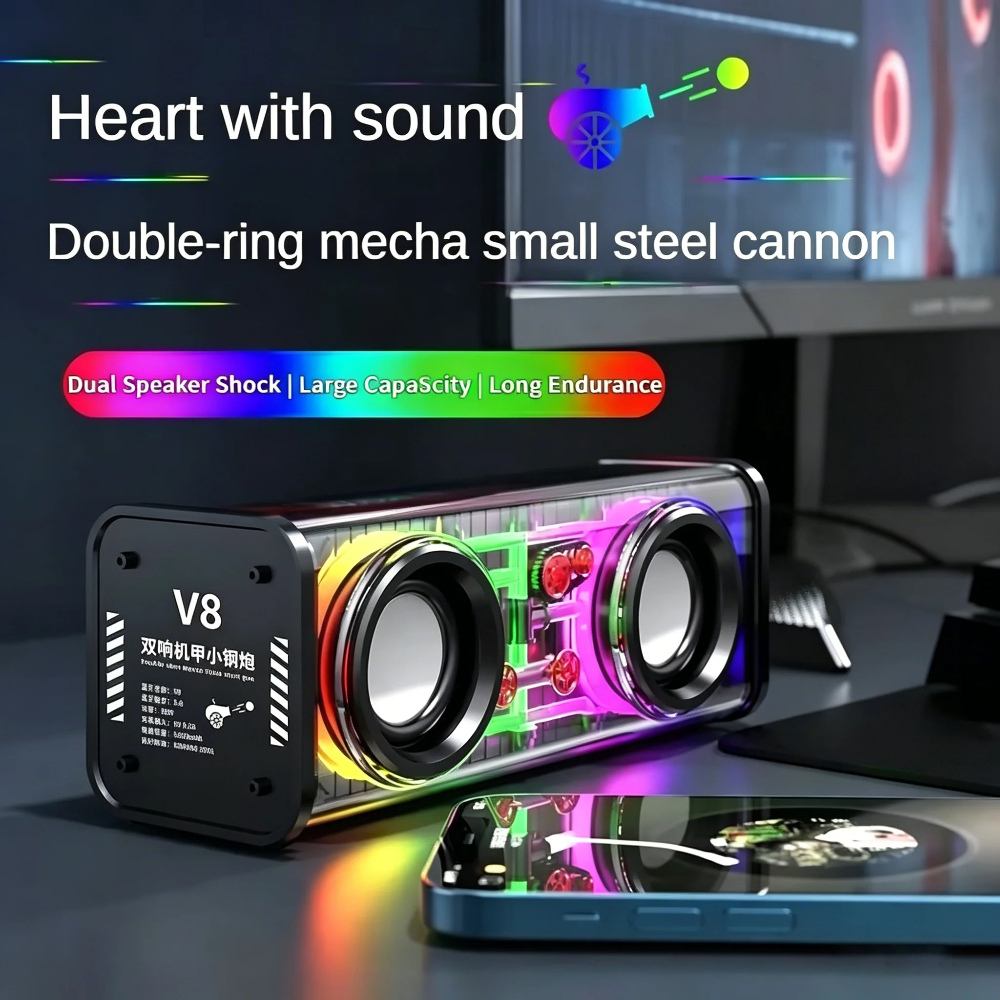 

Transparent mechanical speaker portable desktop Bluetooth 5.0 wireless subwoofer diaphragm RGB light mini home party speaker