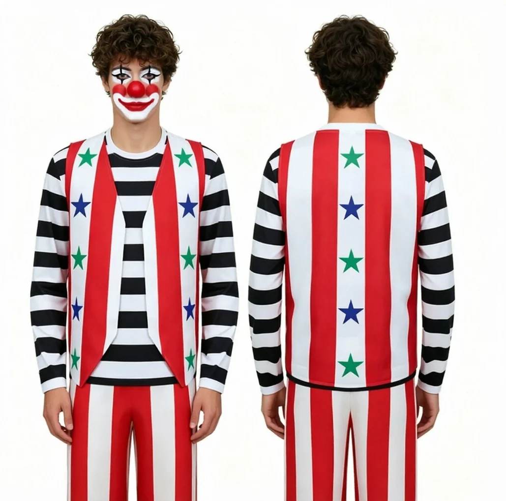 

Men's Black and White Striped Circus Clown Costume - Star Badge Printed Jumpsuit for Halloween Stage Cosplay Performance