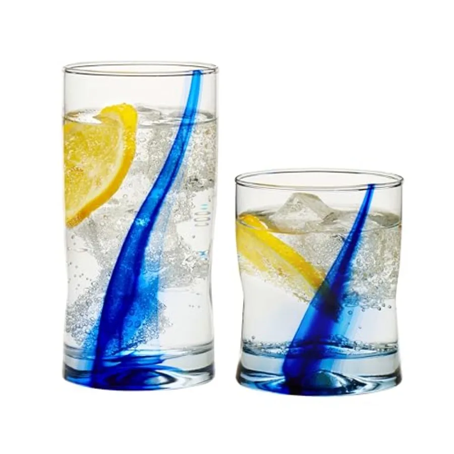 

Blue Ribbon 16 Pcs Tumbler and Rocks Glass Set Infused Blue Ribbon Drinkware Glasses Set Artisan Inspired Four-Dimple Shaped Ro
