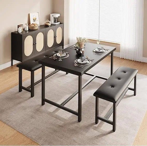 Kitchen Table with Benches, Dining Table Set for 4, Rectangular Dining Room Table Set with 2 Upholstered Benches 3 Piece Kitchen