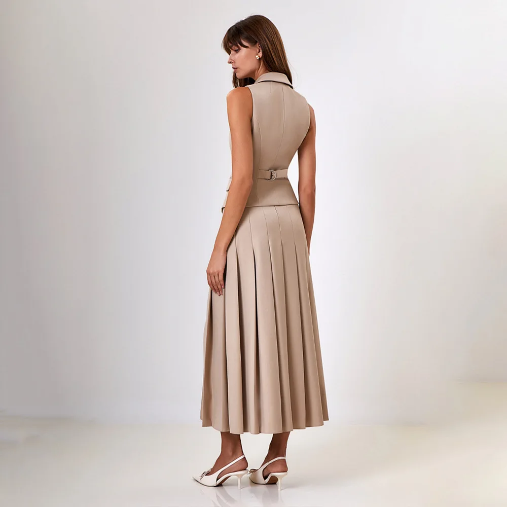 Women Skirt Set Autumn Elegant Long Skirt Suit Sleeveless Vest Blazer And Pleated Long Skirt Two-Piece Suit Women Skirt Outfits