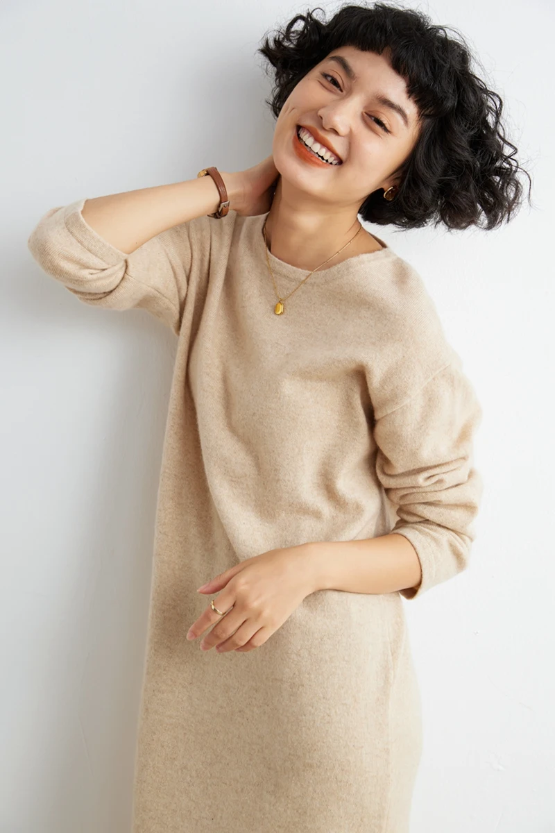 Knitted Cashmere Dress with Loose Pullover, Long Split Wool Dress, New Round Neck, Autumn and Winter