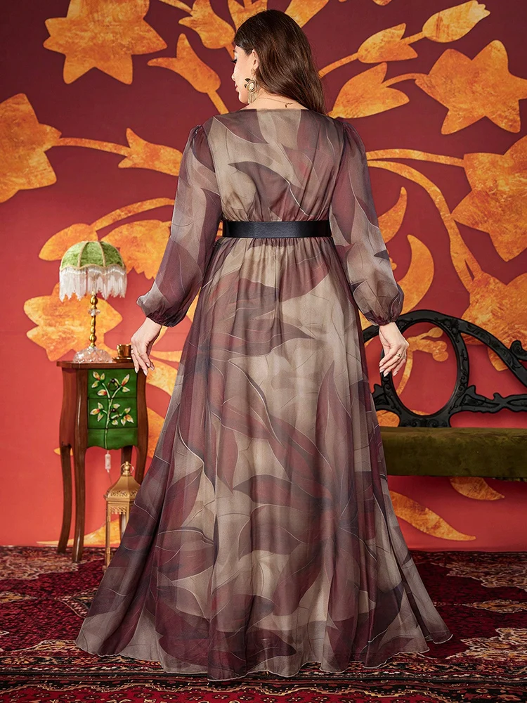 TOLEEN Plus Size Women V-Neck Lantern Sleeve Contrast Color Belt Long Dress 2025 New Fashion Casual Elegant Formal Party Dresses