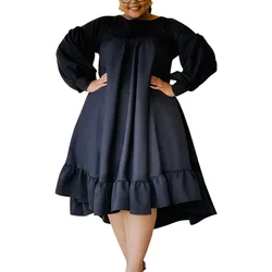 Elegant European and American Black Dress with Lantern Sleeves Round Collar Fashion Ruffles A Line Plus Size Party Dresses