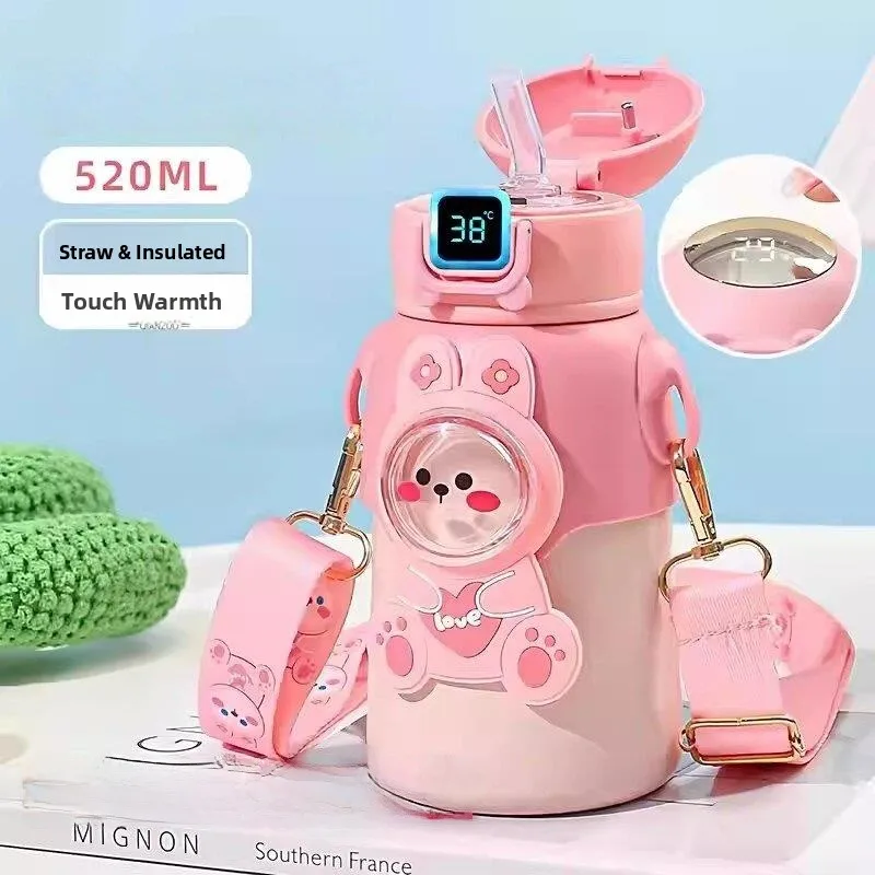 Cute Children's Food Grade Water Bottle with Straw Fingerprint Unlocking Insulated Mug for Primary School Students Going to S...