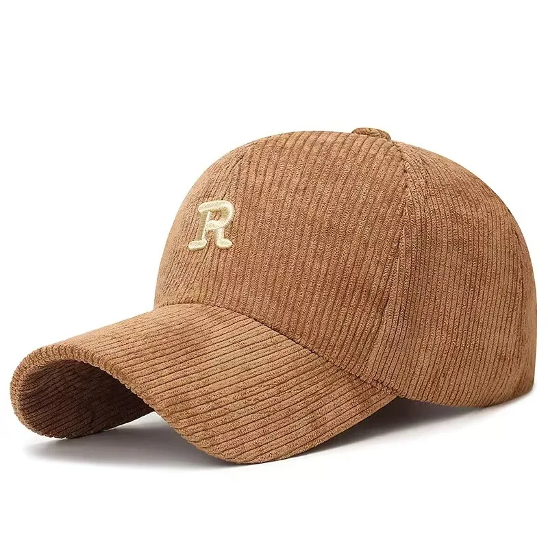 Boné de Beisebol em Corduroy com Letra 'R' Bordada em 3D, Cor Sólida, Ajustável, Acessório Estiloso para Outono e Inverno