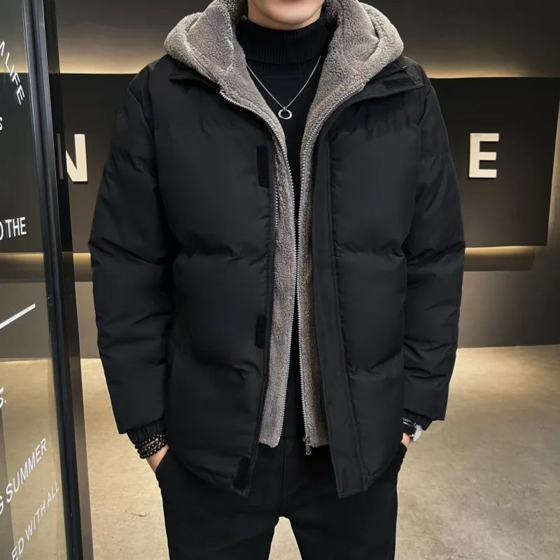 

Men Jacket Winter New Thicken Fleece Hooded Male Fake Two-piece Down Coat Long Sleeve Zipper Loose Cold-proof Man Outerwear
