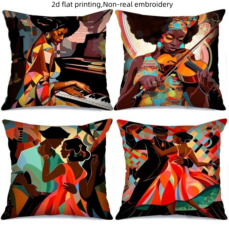 African Jazz Music Throw Pillow Covers Geometric Piano Violin Dancer Print Cushion Cases, Afrocentric Home Decor for Living Room