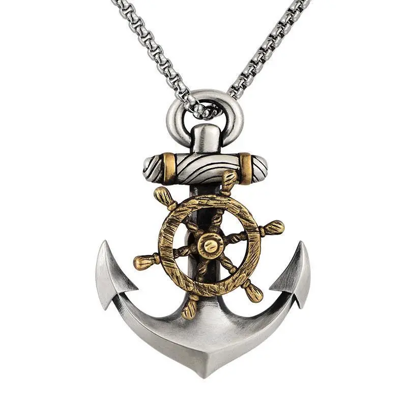 Mens Stainless Steel Vintage Necklace Navy Pirate Anchor Pendant Rotating Ship Rudder Punk Jewelry Gift Wholesale