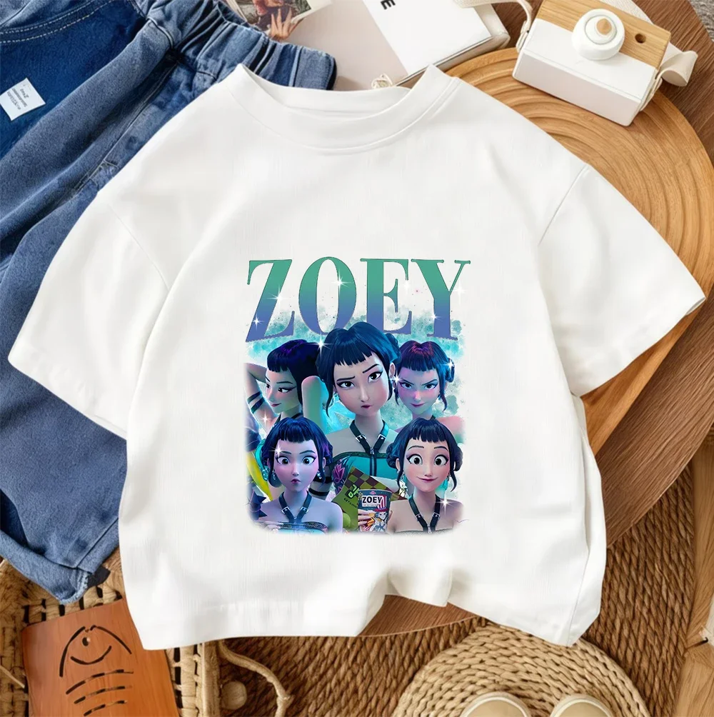 

Футболка с рисунком KPop Demon Hunters для детей, мальчиков и девочек, лето 2026, милые хлопковые модные повседневные топы с круглым вырезом в стиле Kawaii