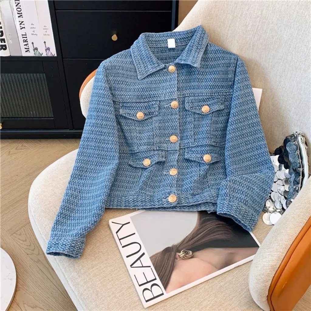 

Style Denim Coat for Women Retro Chic Small Cardigan Jacket Autumn Winter Fashion Outerwear