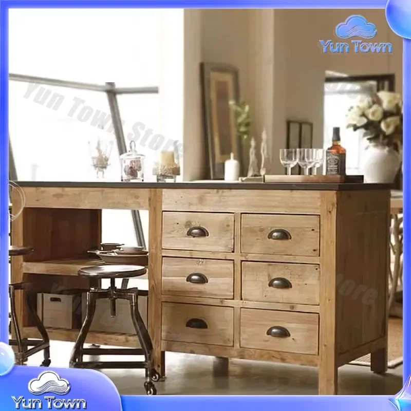 American Multifunctional Retro Solid Wood Dining Side Cabinet Cupboard for Kitchen Mid-Island Platform Operation Table
