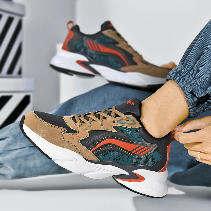 Men Lace Up Casual Sneakers Spliced PU Leather Upper Thick Non-slip Sole Daily Sports Footwear