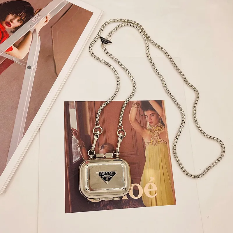 

Metal Mini Bag Mini Earphones Diagonal Backpack Versatile Square Bag Letter Mirror Neck Chain Decorative Women's Bag