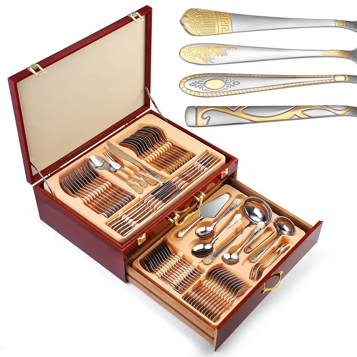 Luxury Dinnerware Set 72/84pcs Cutlery Stainless Steel Tableware Knif Fork Spoon Gold Inlay Dining Dinner Kit Russia Middle East