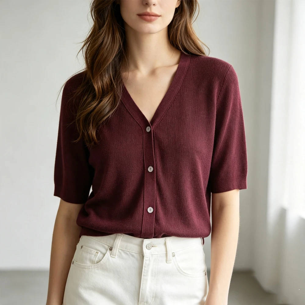 2026 Women's Early Autumn New 64% Natural Mulberry Silk Single Breasted V-neck Short Sleeve Versatile Knitted Cardigan