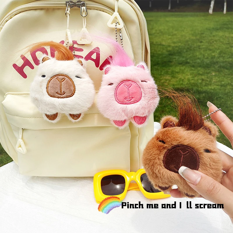 Squeaking Kapibala Plush Toy Cartoon Capybara Pendant Soft Stuffed Doll Keychain Car Key Ring Backpack Bag Decor