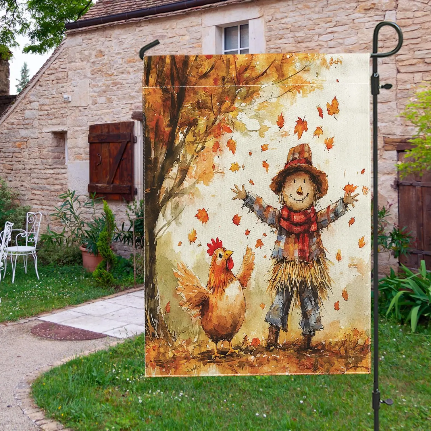 Fall Chickens Chick Garden Flags 12”x18” Double Sided for Outside Decorative, Autumn Scarecrow Leaf Front Yard Small Canvas  LLE