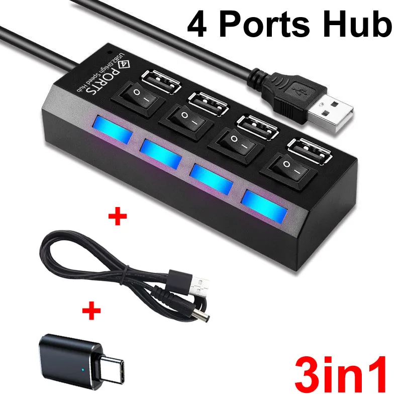 High Speed 4/7 Ports USB HUB 2.0 Adapter Expander Multi USB Splitter Multiple Extender LED Lamp Switch for PC PHONE Laptop Cable