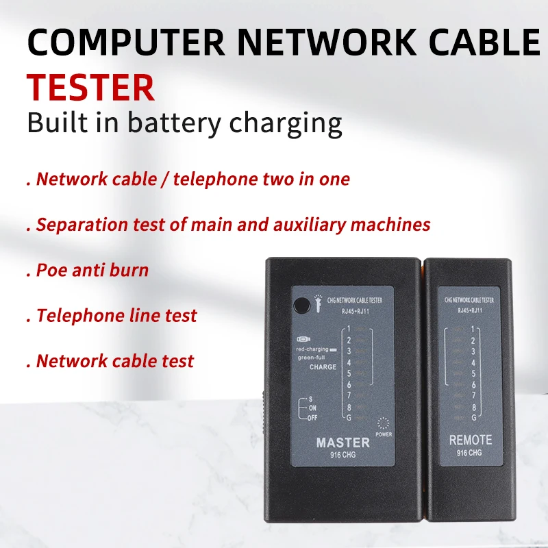 Penguji kabel jaringan RJ45 RJ11 POE 220V Cat5 Cat6, dapat diisi ulang tipe LAN kabel Tester jaringan kawat detektor garis Telepon
