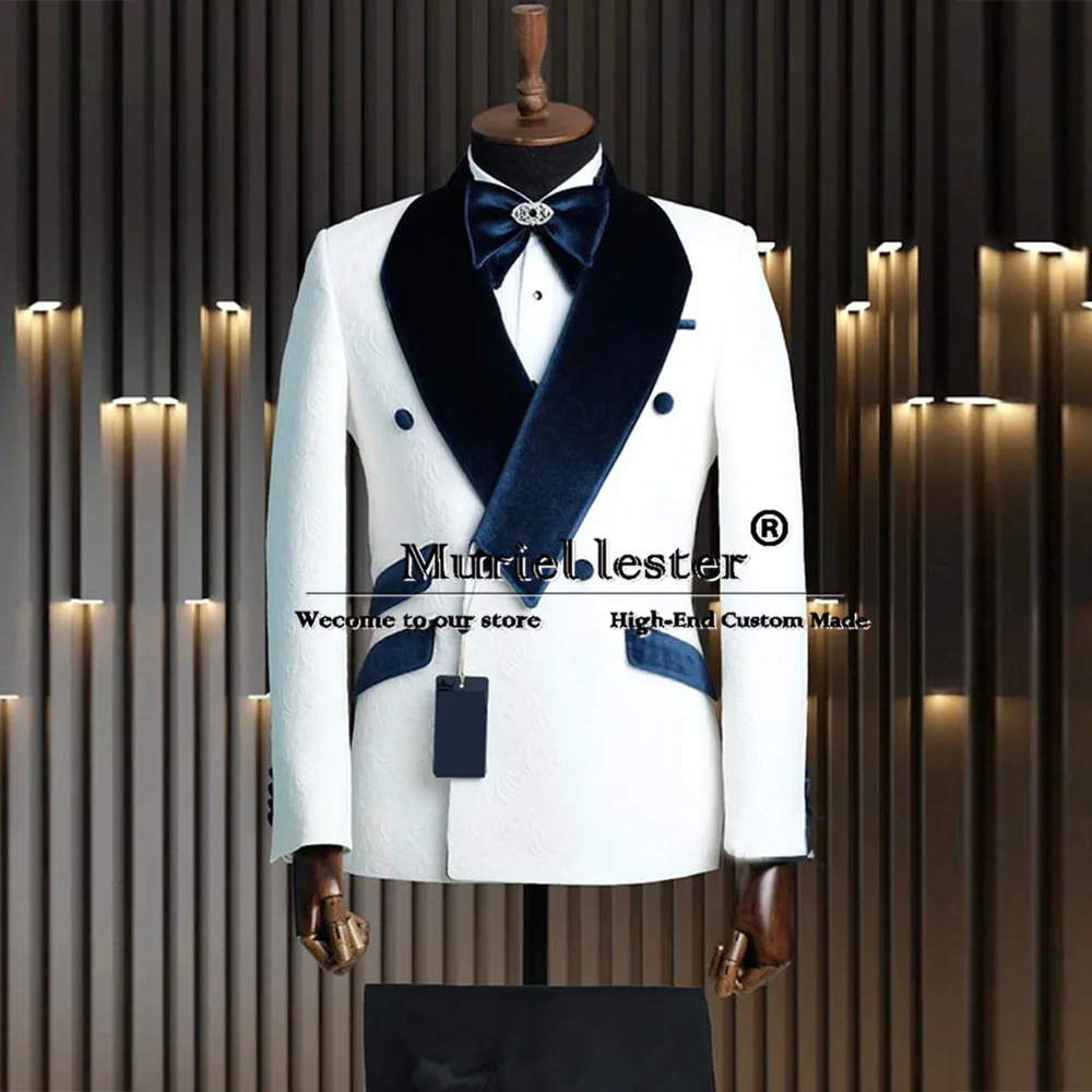 Double Breasted Suits Men Peaked Lapel Velvet Lapel Jacquard Prom Blazer Custom Made Groom Wedding Tuxedo Man Formal Party Dress