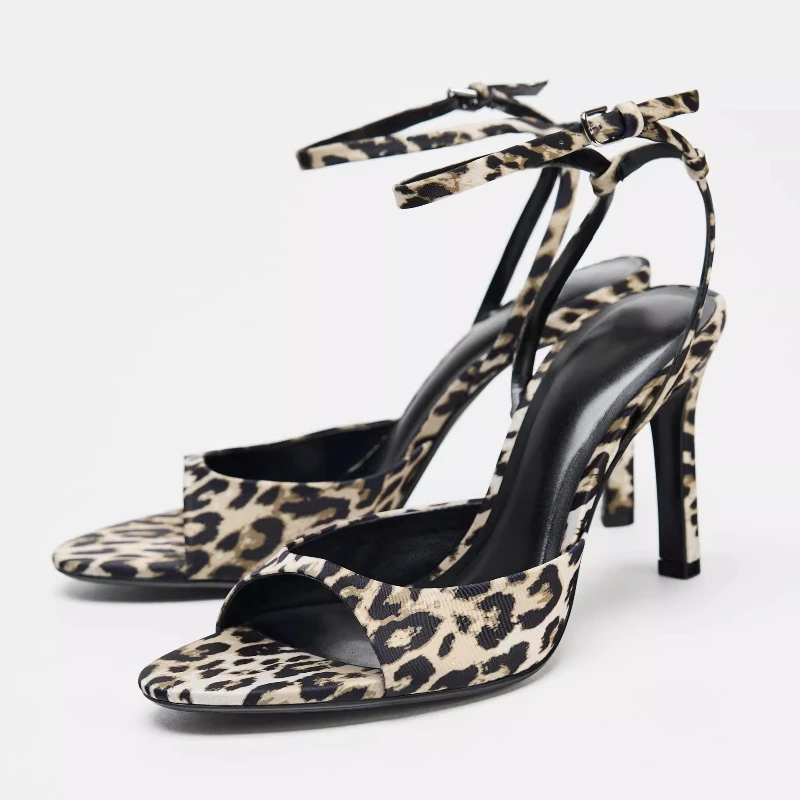 

Sexy Leopard Thin Heels Sandals Female Ankle Strap Open Toe Fashion High Heels Mature Designer Brand Party Dress Shoe Wome Pumps
