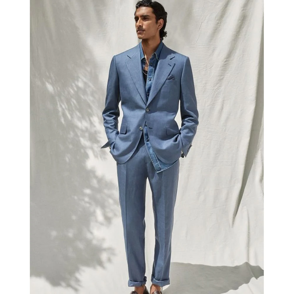 

Single-Breasted Men's Light Blue Slim Fit Suit 2 Piece Blazer Pants Set Business Wedding Party Fashion Gentleman Outfit