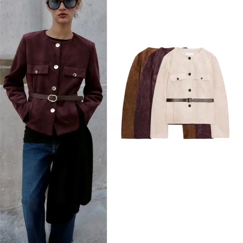 

Women's Autumn Faion round Ne Long Sve Faux Velvet Texture Suit Jaet with Belt Casual Slim Fit ort Length