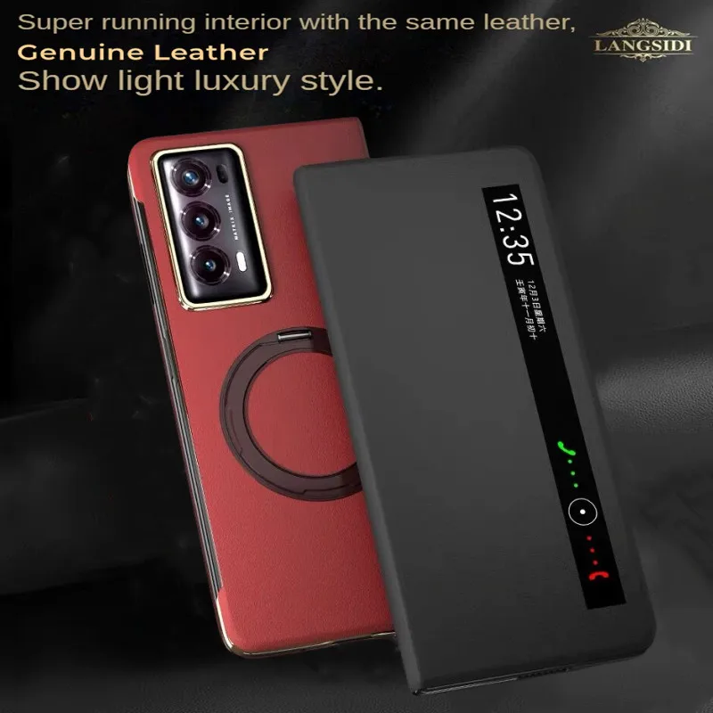 

Top layer cowhide Leather for Honor Magic V2 Case Car Magnetic Mount Integrated Flap Protection Case for Honor Magic V2