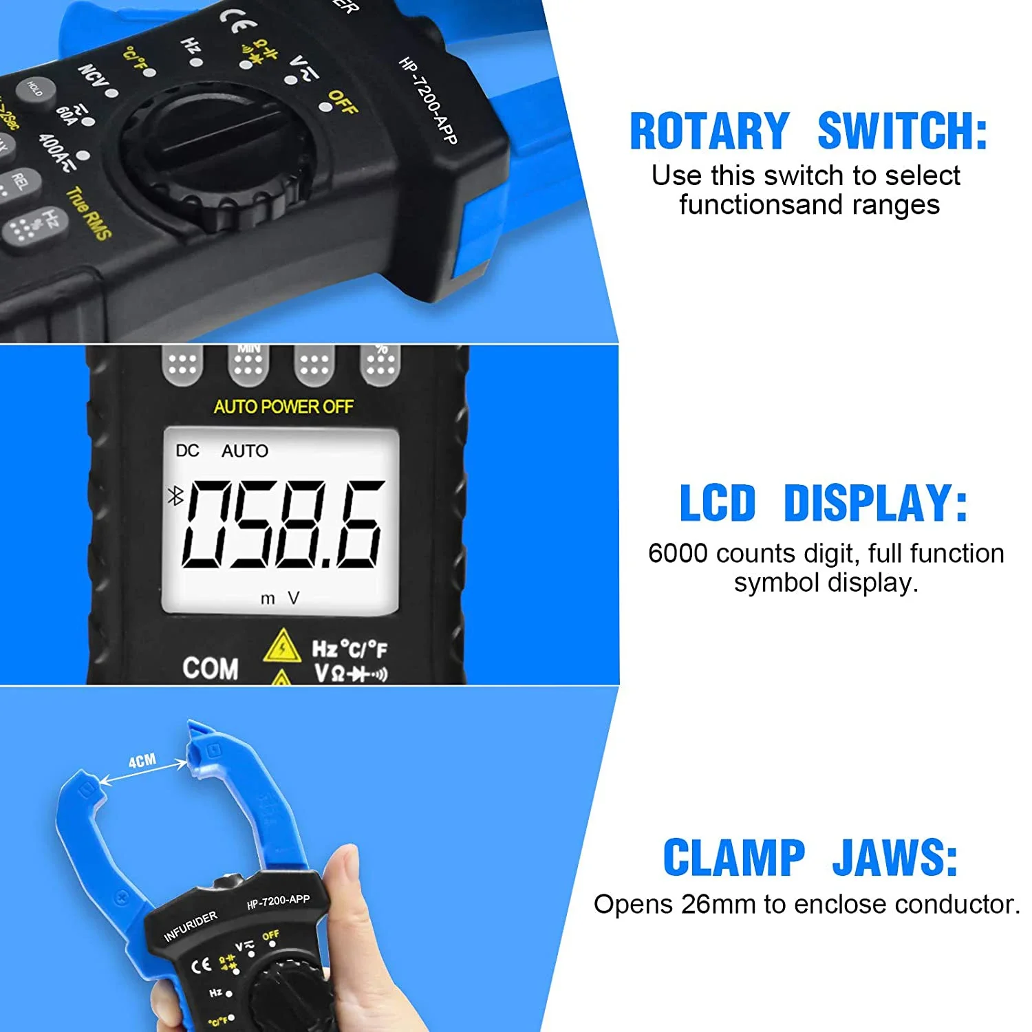 Imagem -04 - sem Fio Bluetooth Clamp Meter Multímetro de Alcance Automático True Rms Continuidade Buzzer dc ac Hp7200app 6000 Contagem