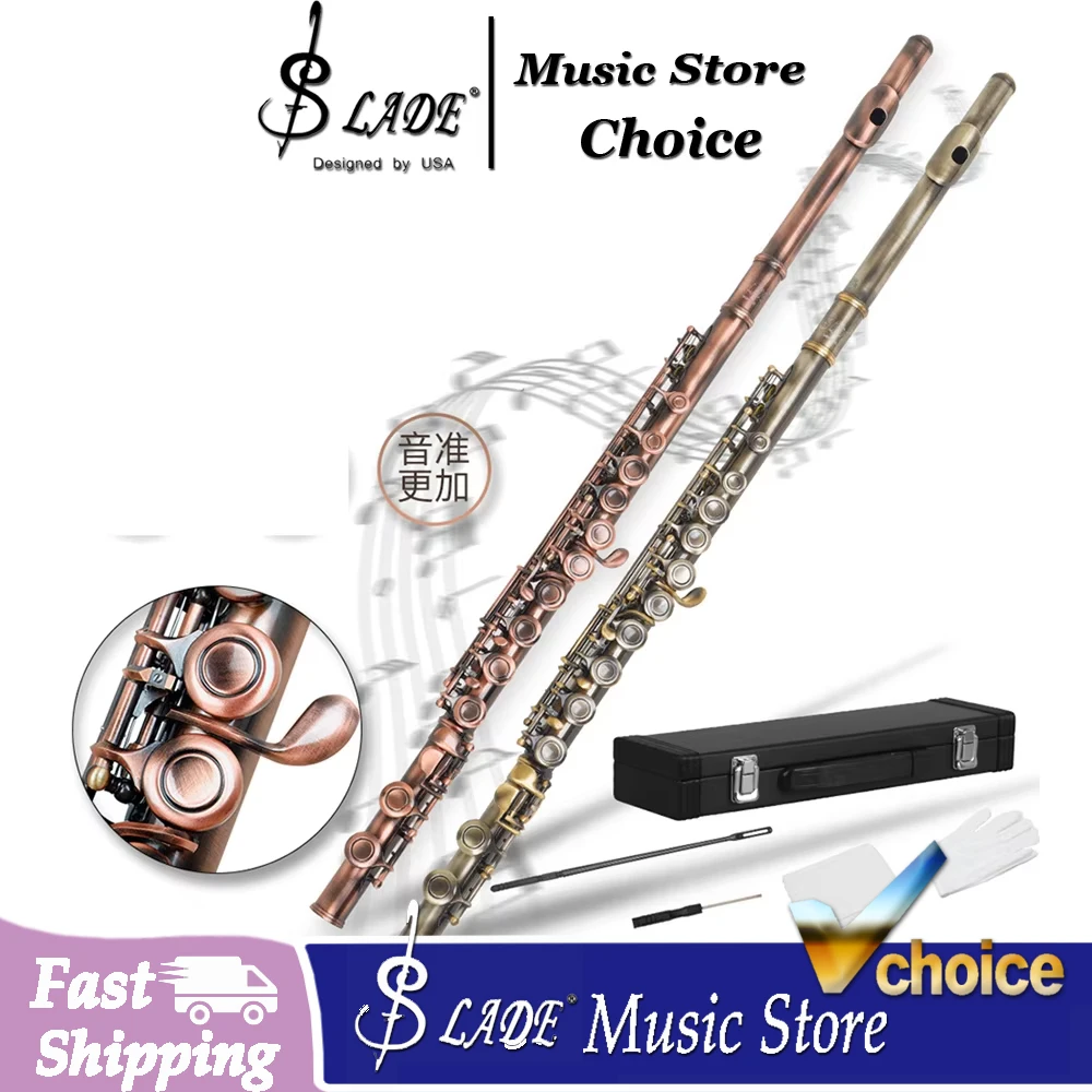 SLADE 16 Holes Flute C Key Antique Copper Flute with E Key Closed Hole Flute Pro Woodwind Instrument for Beginner Playing