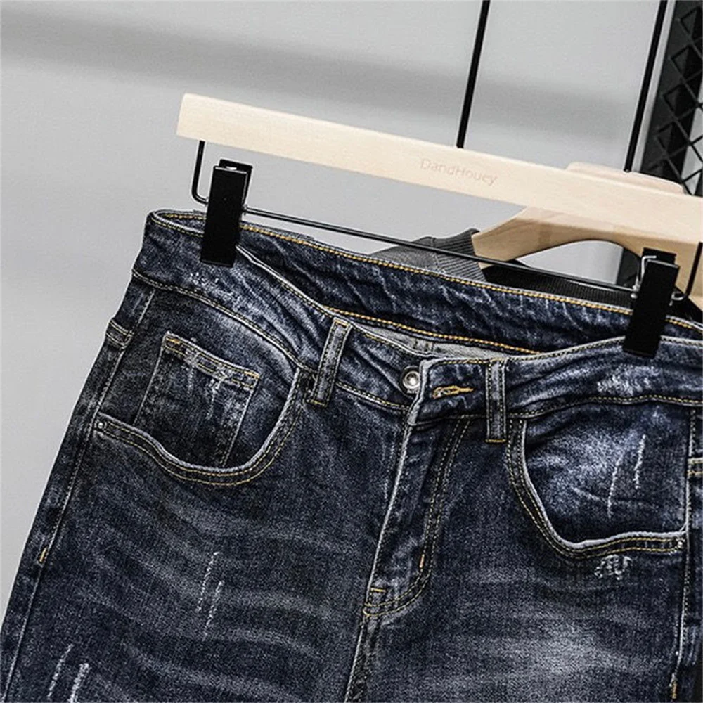 Spring Summer New Men Patchwork Jeans Ripped Hole Slim Fashion Streetwear High-quality Washed Vintage Male Denim Trousers