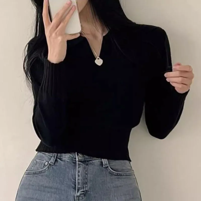 Korean V Neck Long Sleeve Knitted Shirt Women Spring Autumn New Grey Slim Crop Sweater Pullover Vintage Elegant Chic Female Tops