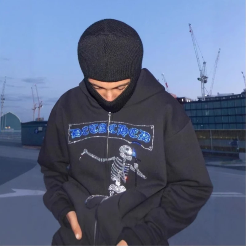 European and American dark skull hot stamping hooded top trendy fashionable loose cardigan zipper casual hoodie men and women