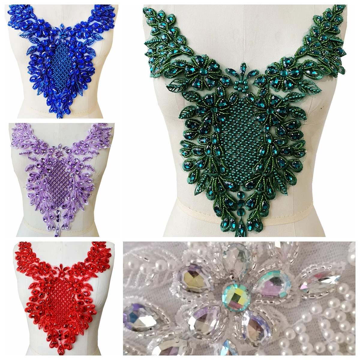 Handmade red/royalblue/ddepgreen/gold/silver rhinestones bodice applique sewing beads crystal trim patches dress accessory